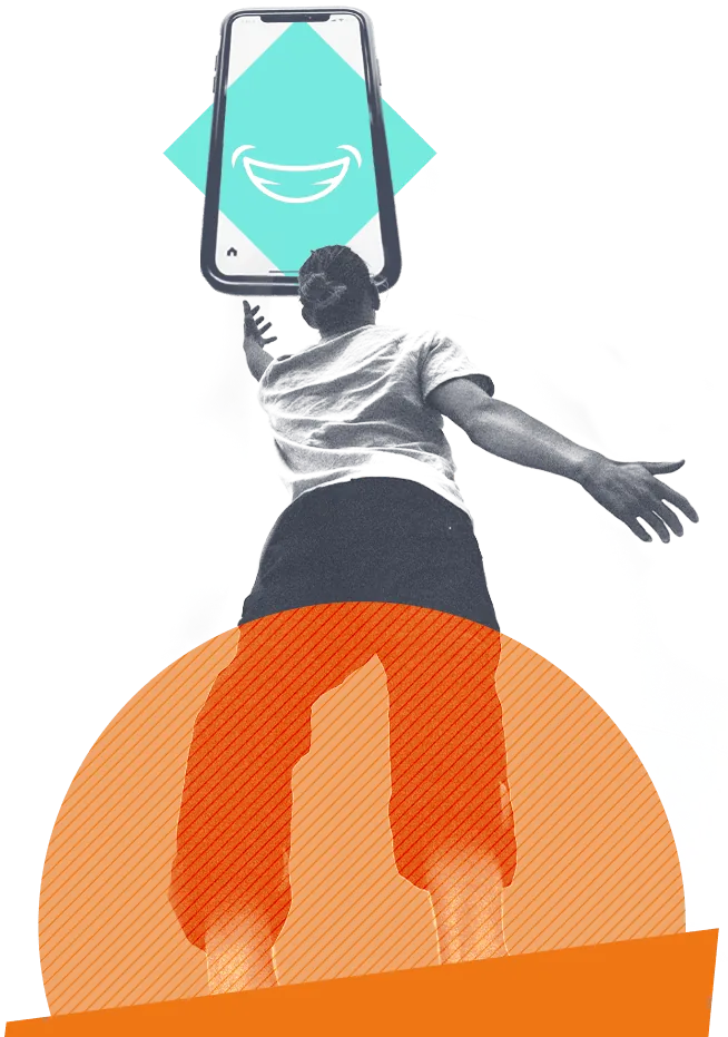 Illustration of a person reaching up to a mobile phone